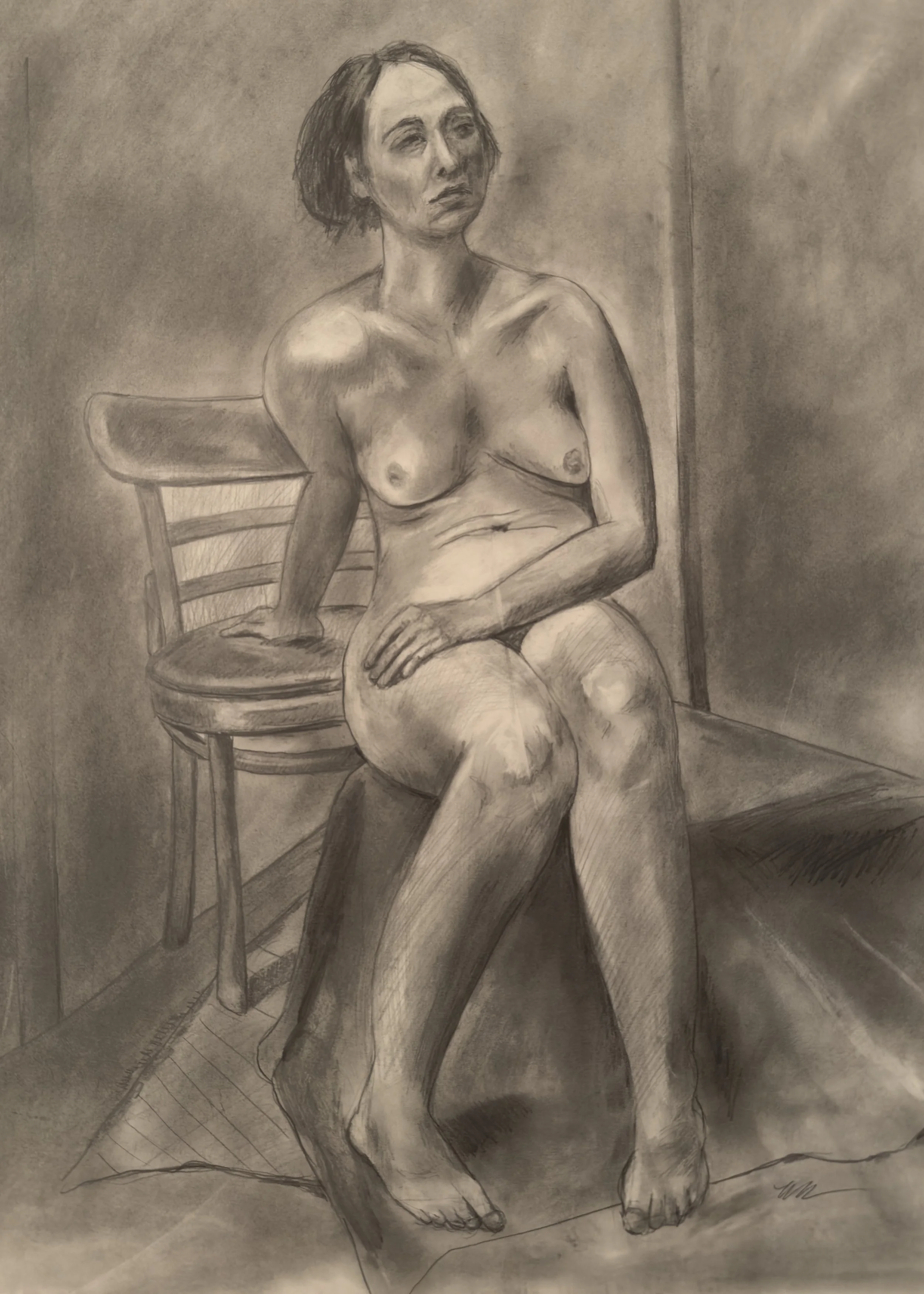 Seated Nude with Chair — Charcoal on paper