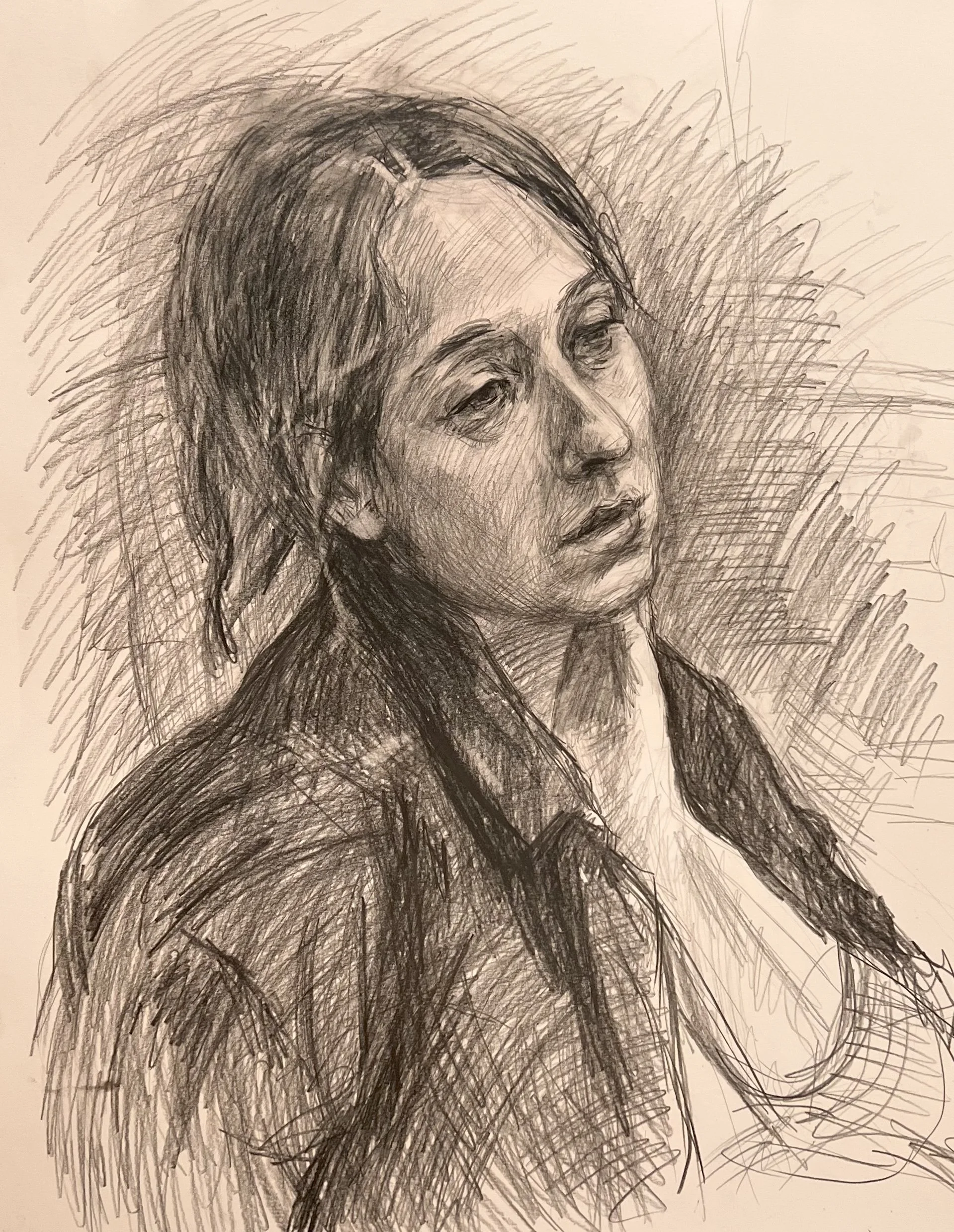 Girl with Long Hair — Graphite on paper, 18 × 24 in