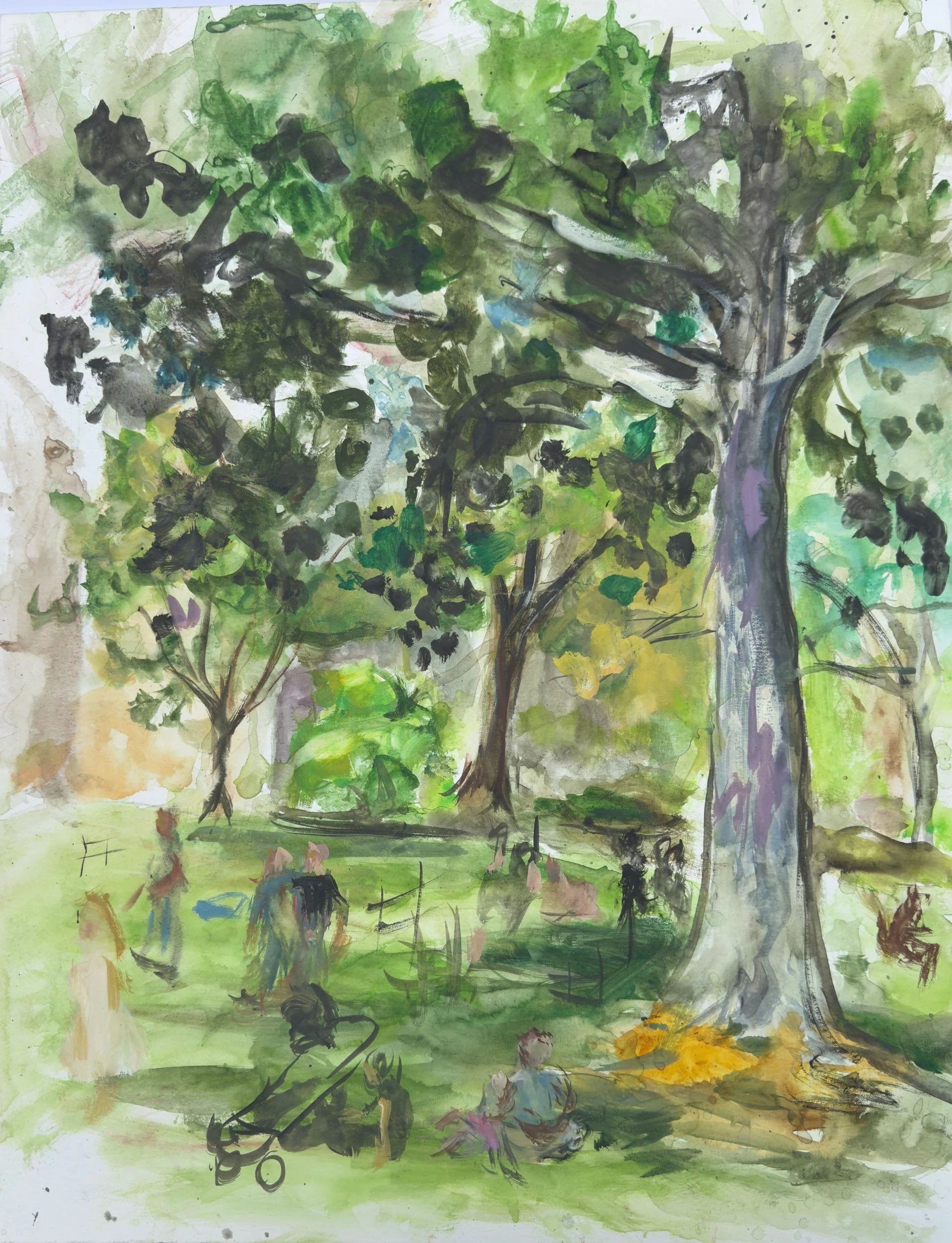 Great Tree in the Park — Watercolor on canvas, 22 × 28 in — Available $1,100