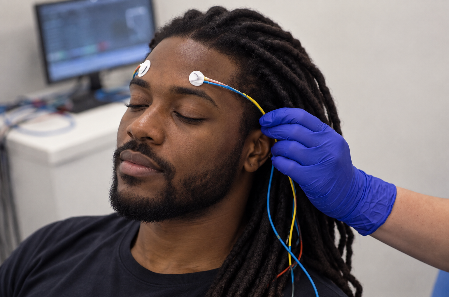 A man with dreadlocks and a beard has electrodes attached to his forehead and temples as part of a LENS exam, with a healthcare provider wearing blue gloves handling wires.