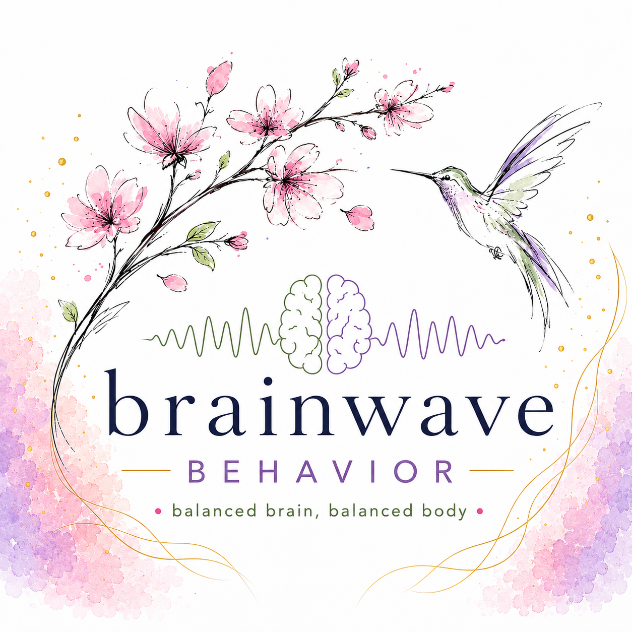 Illustration of pink cherry blossoms, a hummingbird, and a stylized brain with sound waves, with the text 'brainwave behavior' and the tagline 'balanced brain, balanced body'.