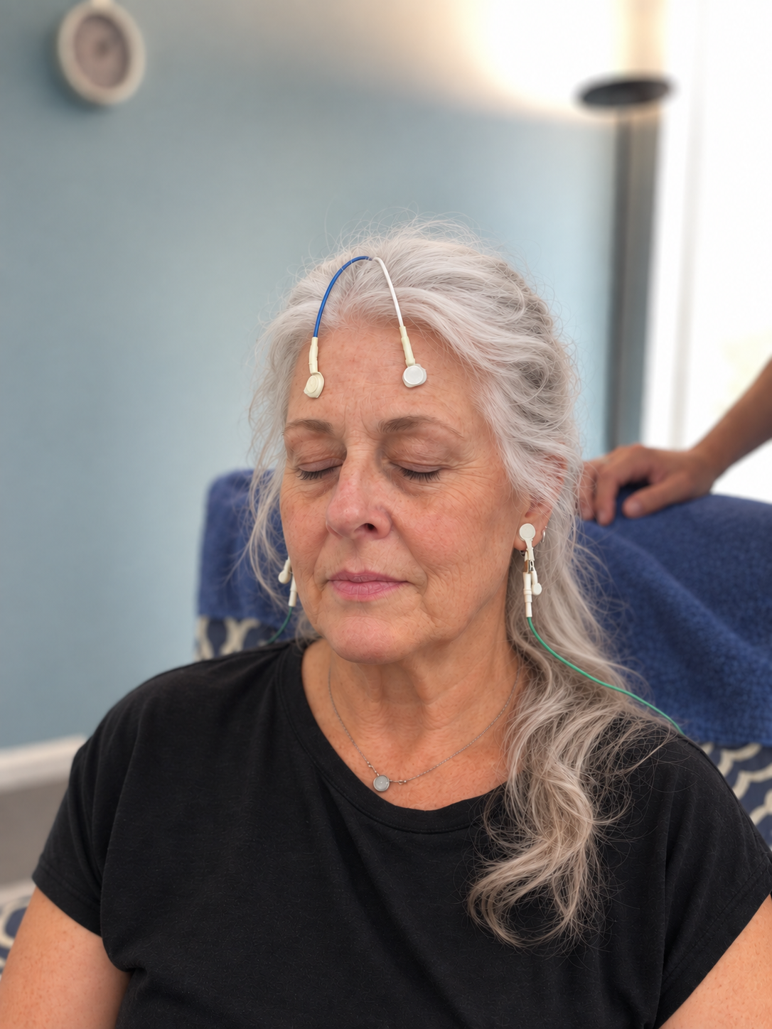 An elderly woman with long gray hair receives a medical procedure involving LENS QEEG electrodes attached to her head and ears, sitting with her eyes closed in a clinical setting.