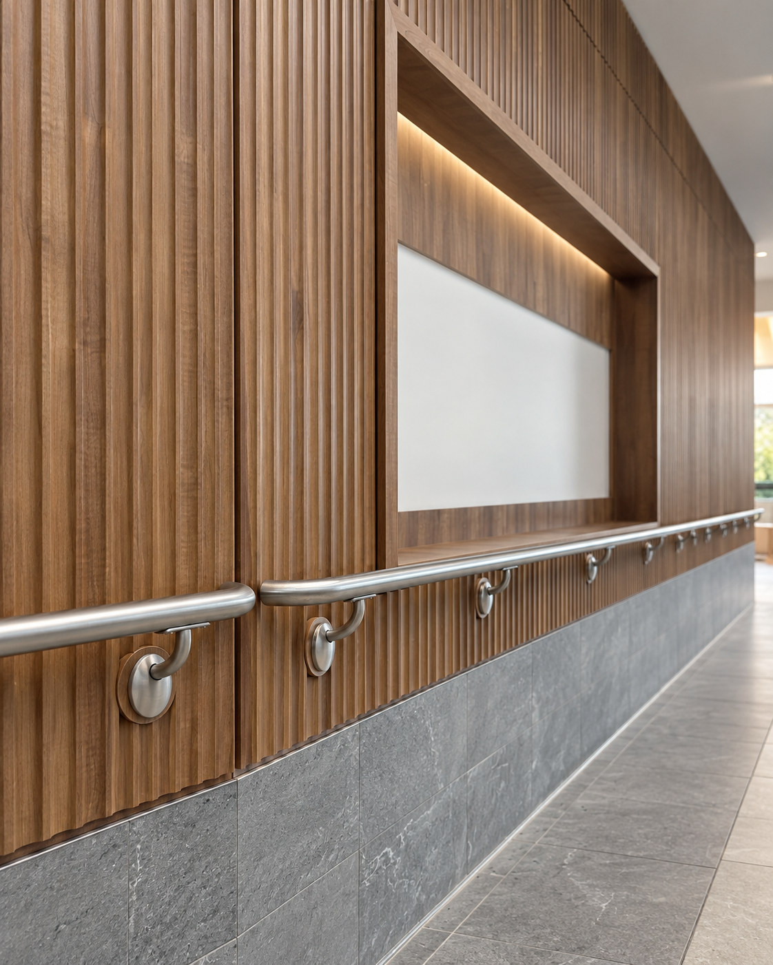 Indoor wall with wooden paneling, a large rectangular cutout, and a stainless steel handrail supported by brackets.
