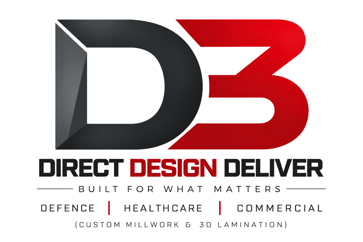 Logo for D3, a company specializing in direct design delivery, showcasing a stylized 'D3' with black, gray, and red colors. Below the logo, text reads 'Direct Design Deliver' with the tagline 'Built for what matters.' Additional keywords include 'defence,' 'healthcare,' 'commercial,' and notes about custom millwork and 3D lamination.