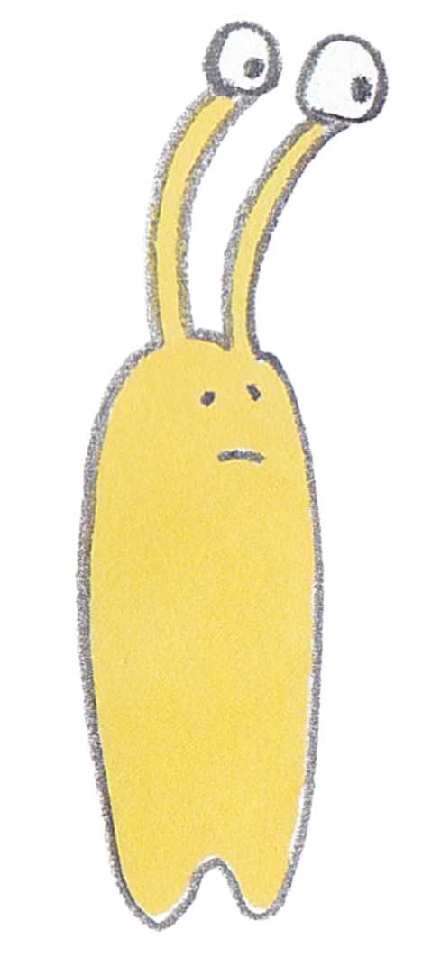 Een tekening van een gele, vreemde schepsel met twee lange oogstelen en een eenvoudige gezichtsuitdrukking.