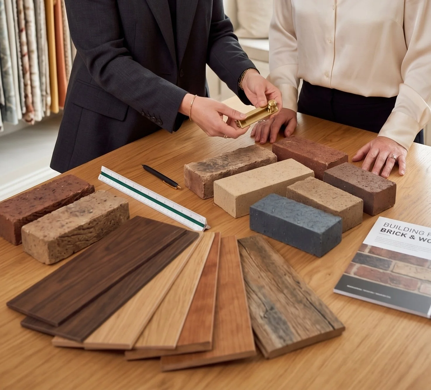 Two people examining various samples of bricks, tiles, and wood panels on a table, with a booklet titled 'Building with Brick & W' and a ruler nearby.