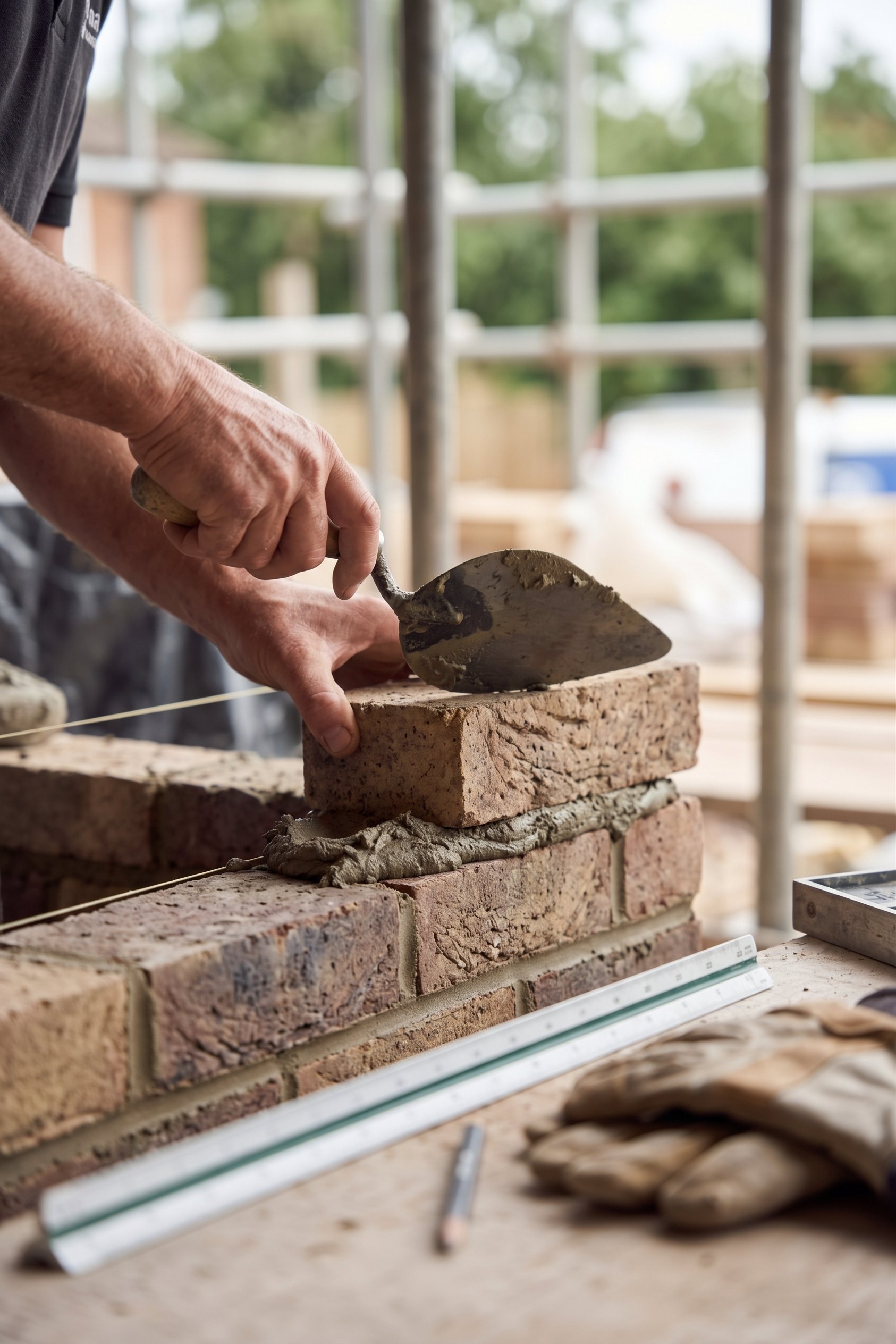 A person working on a brick wall with mortar, using a trowel. The scene is at a construction site with scaffolding and a blurred background of trees and vehicles.