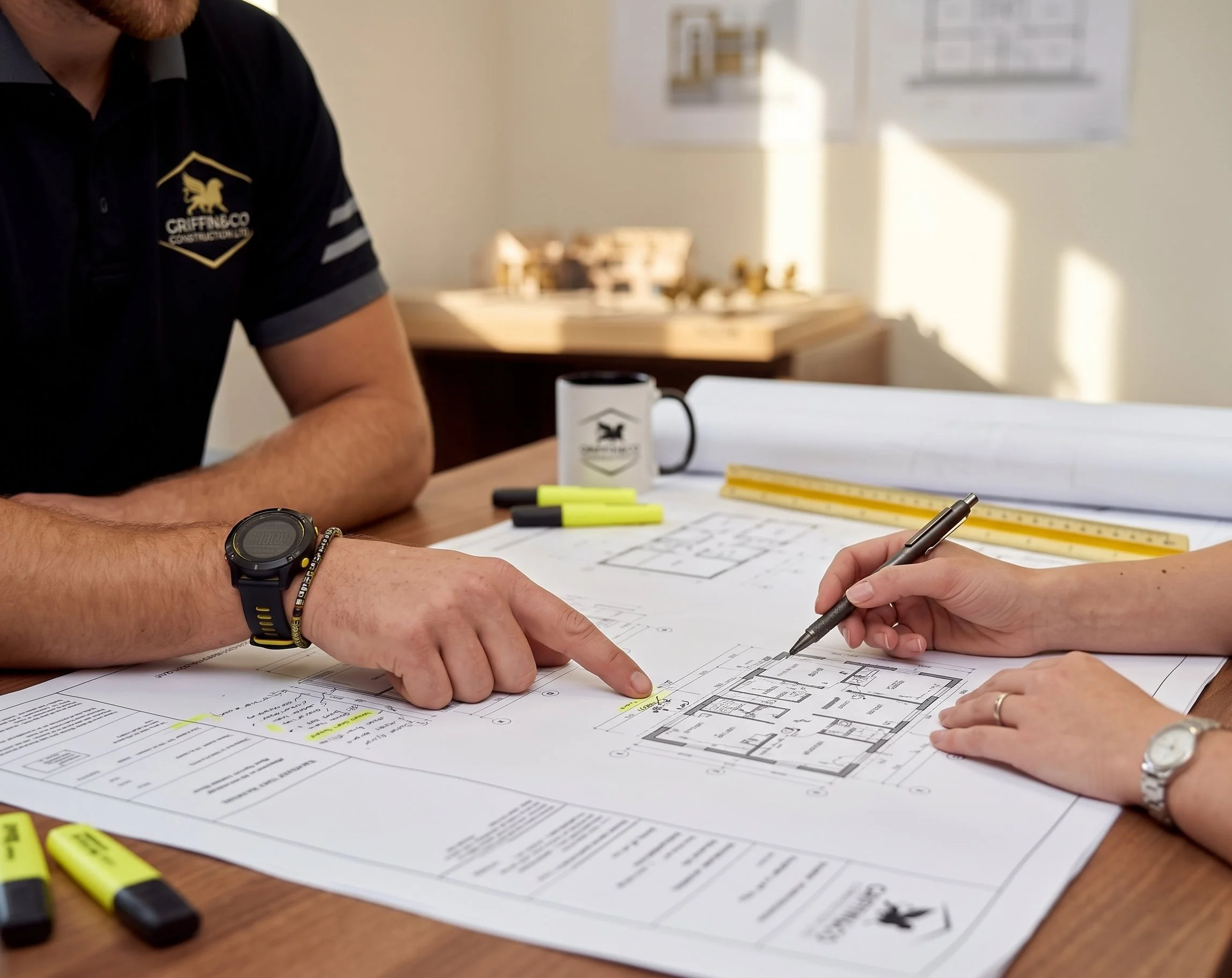 Two people working on architectural blueprints at a table, with highlighters, pens, and a coffee mug nearby.