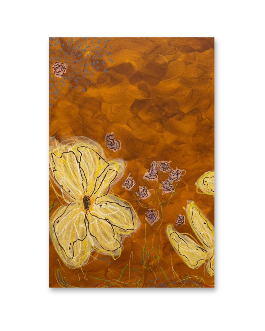 Close-up of the left panel of Sunsetting, an amber and gold floral acrylic painting by Taylor Carter Studio