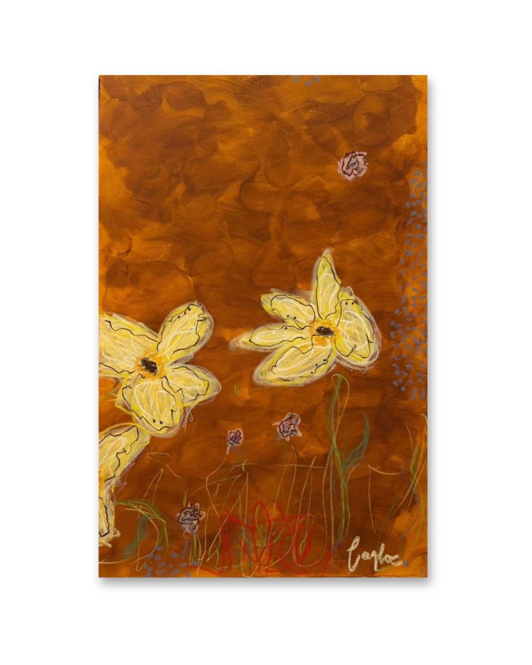 Close-up of the right panel of Sunsetting, an amber and gold floral acrylic painting by Taylor Carter Studio