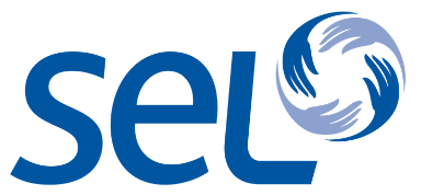 Logo de SEL en bleu avec un symbole circulaire stylisé.