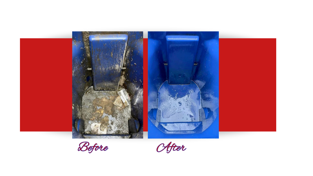 Comparison of a dirty, trash-filled blue trash can on the left and a clean blue trash can on the right.