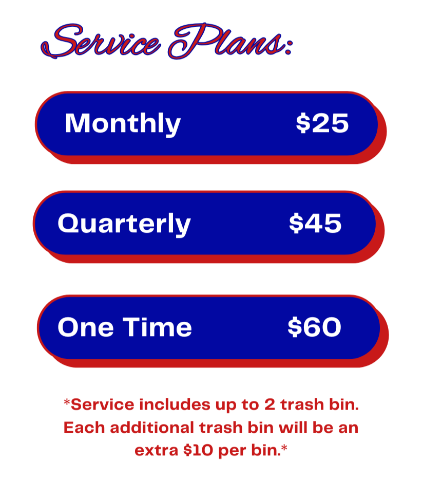Service Plans pricing chart with options for monthly, quarterly, and one-time service, prices are $25, $45, and $60 respectively, with a note about additional trash bins cost.