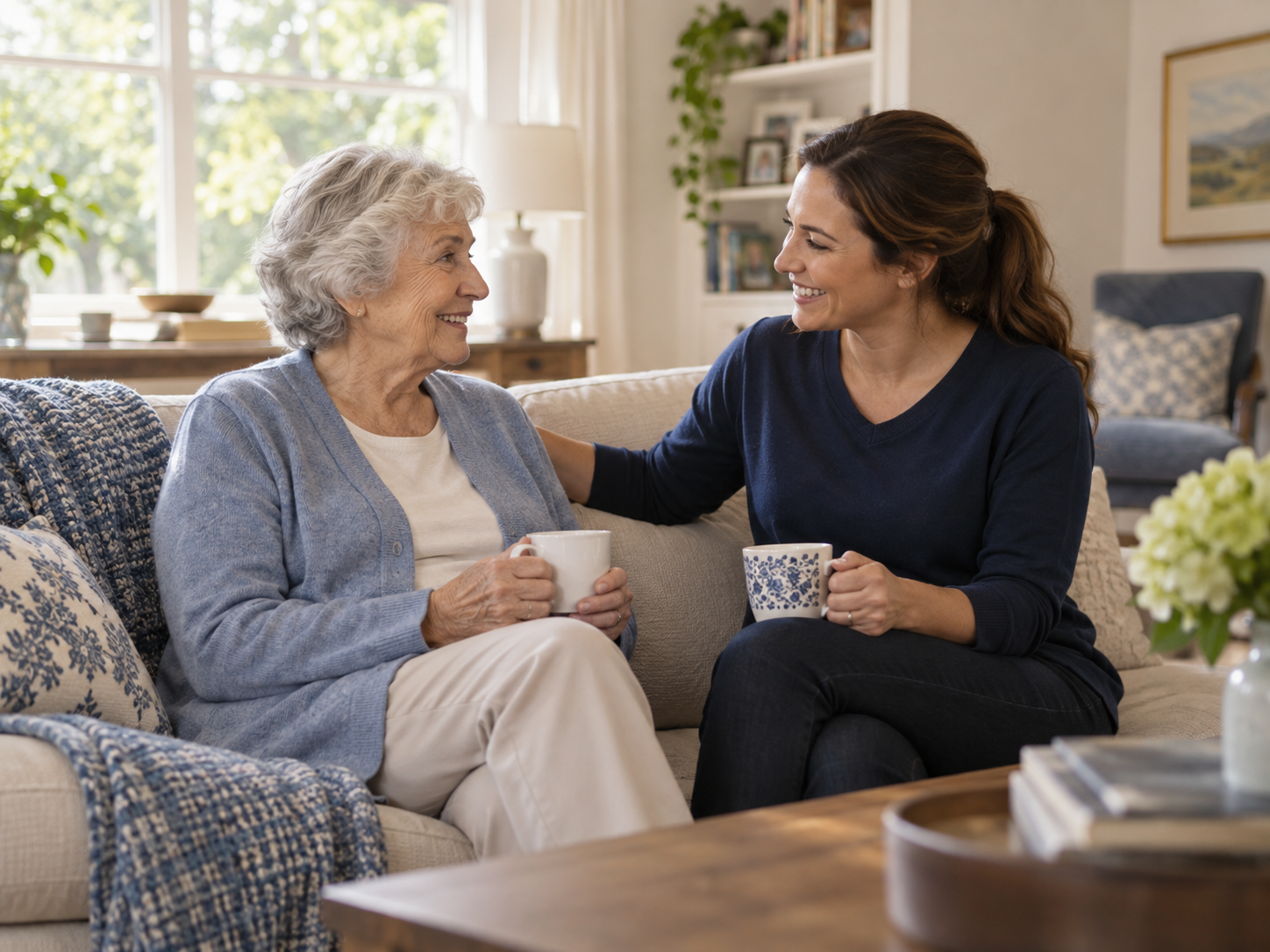 west texas compassionate home caregiver sharing a warm conversation with an older woman in her living room.