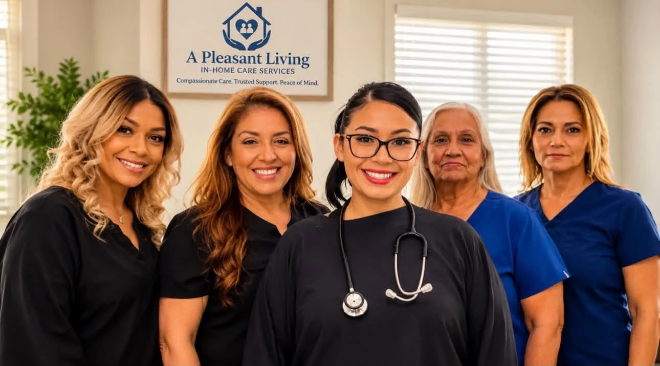 A Pleasant Living caregivers together at the company office.