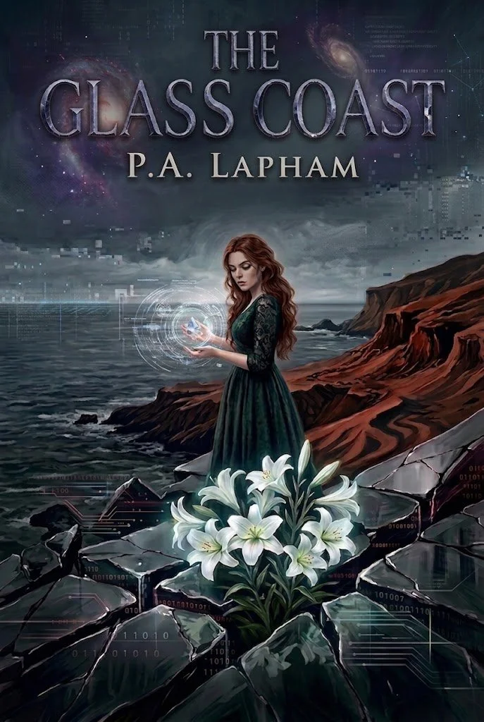 Cover art of the book "The Glass Coast" by P.A. Lapham, depicting a woman with long red hair in a dark green dress standing on cracked rocks near the ocean, holding a glowing orb, with white lilies in the foreground, a stormy sky, mountains, and a cosmic background with galaxies.