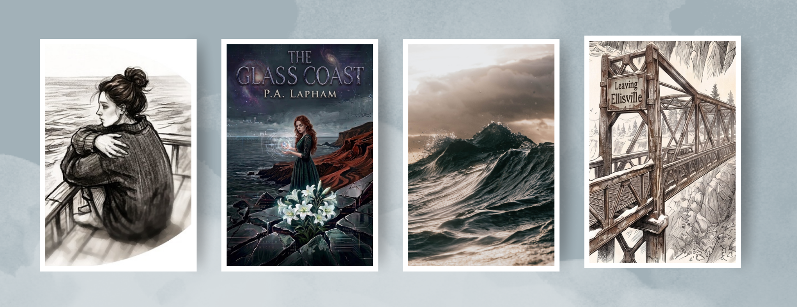 Four images: a black and white sketch of a woman sitting on a bench, a book cover titled "The Glass Coast" by P.A. Lapham featuring a woman with red hair near the ocean, a photo of ocean waves, and a drawing of a bridge with a sign reading "Leaving Ellisville."