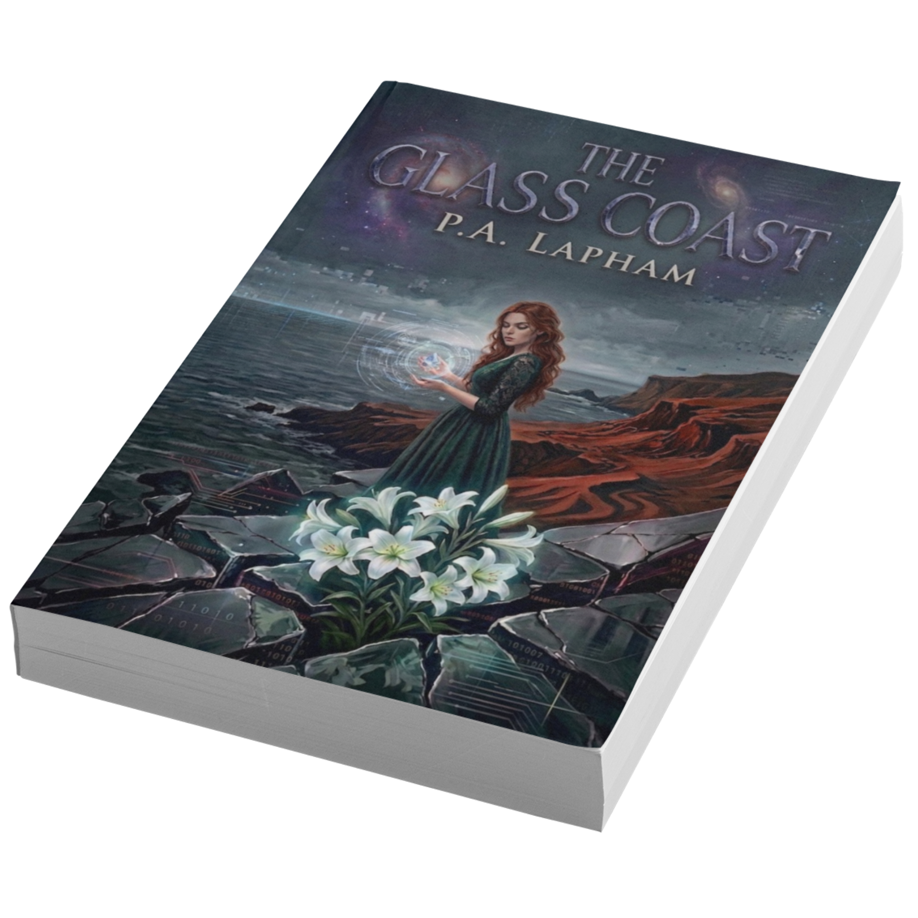 Cover of the book titled "The Glass Coast" by P. A. Lapham, featuring a woman with red hair in a long green dress holding a glowing geometric shape, standing by the ocean with a distant cityscape and a starry sky with galaxies in the background.