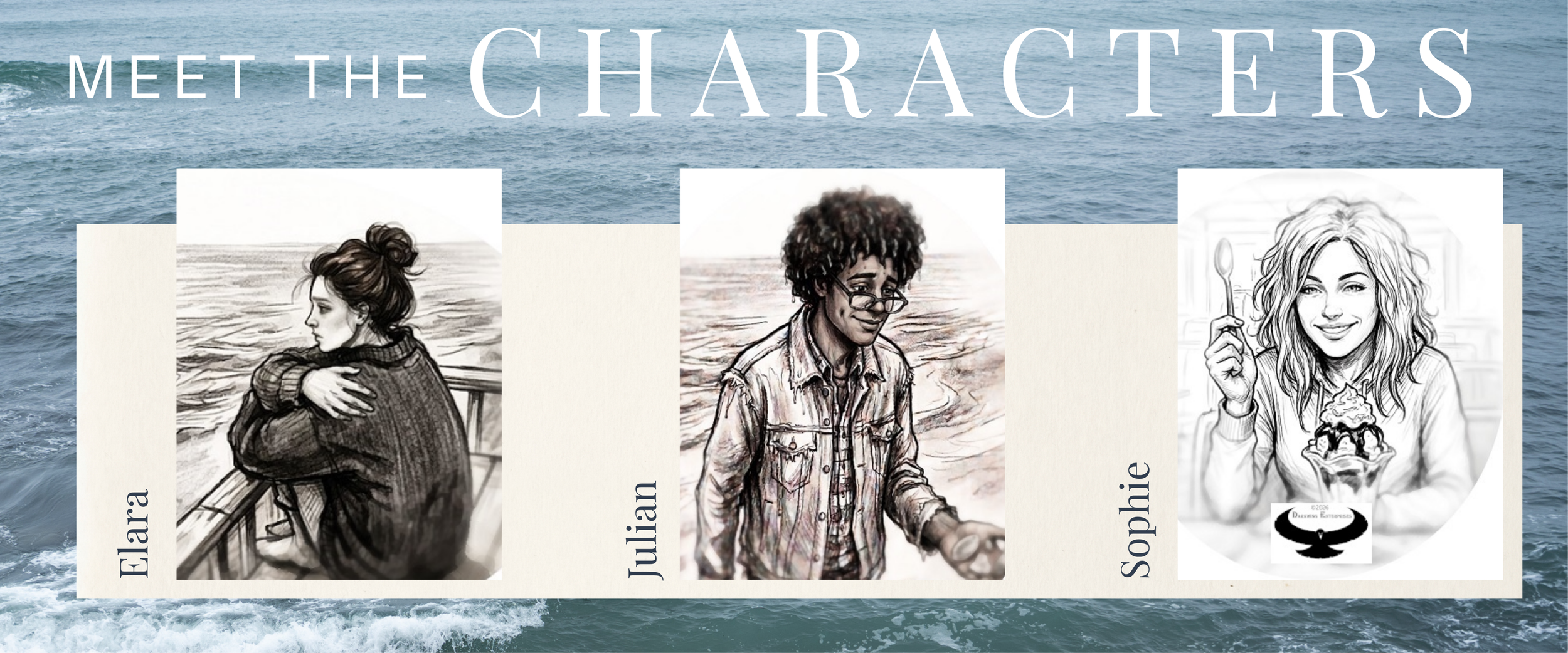 Illustrated characters of Eleanor, Julian, Sophie, and an unnamed girl with ice cream, set against a background of ocean waves, with the text 'Meet the Characters'.
