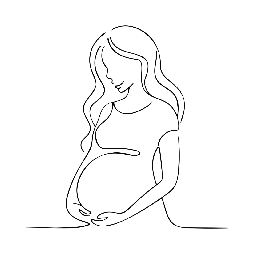 Line drawing of a pregnant woman with long, wavy hair, looking down and touching her belly.