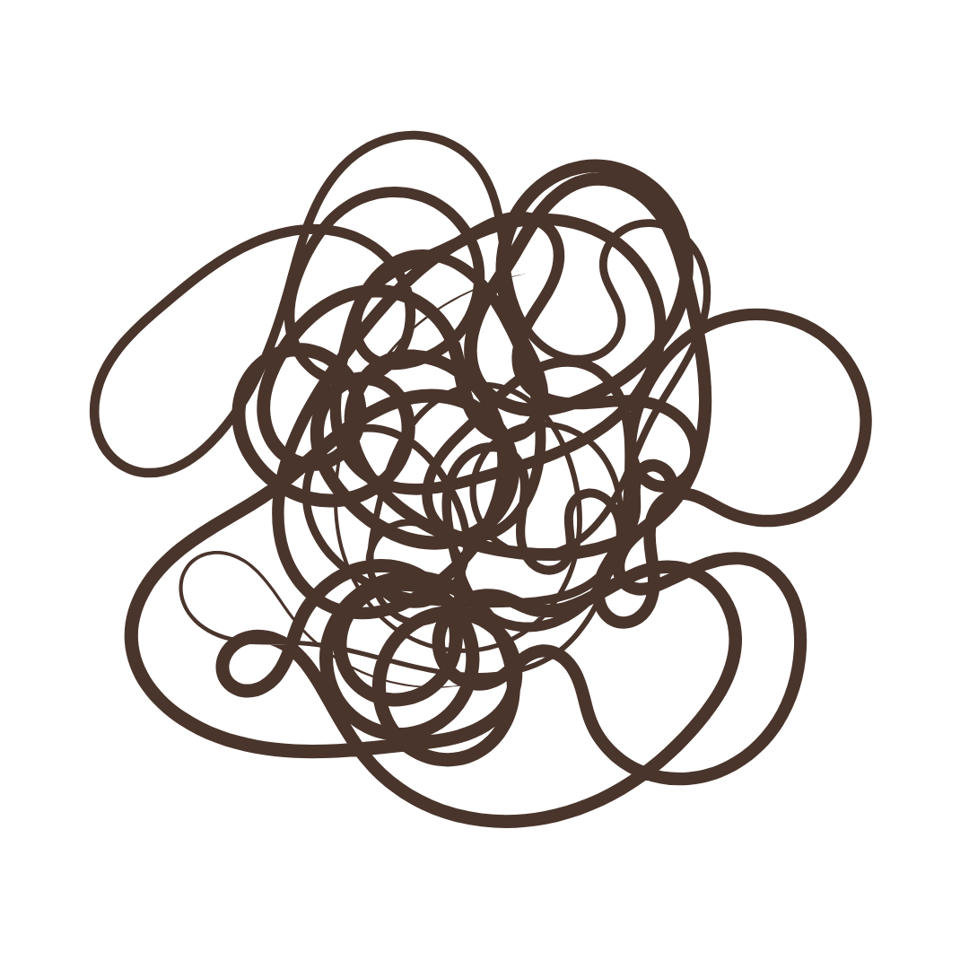 A tangled mess of brown lines on a black background, resembling a chaotic scribble or a ball of string.