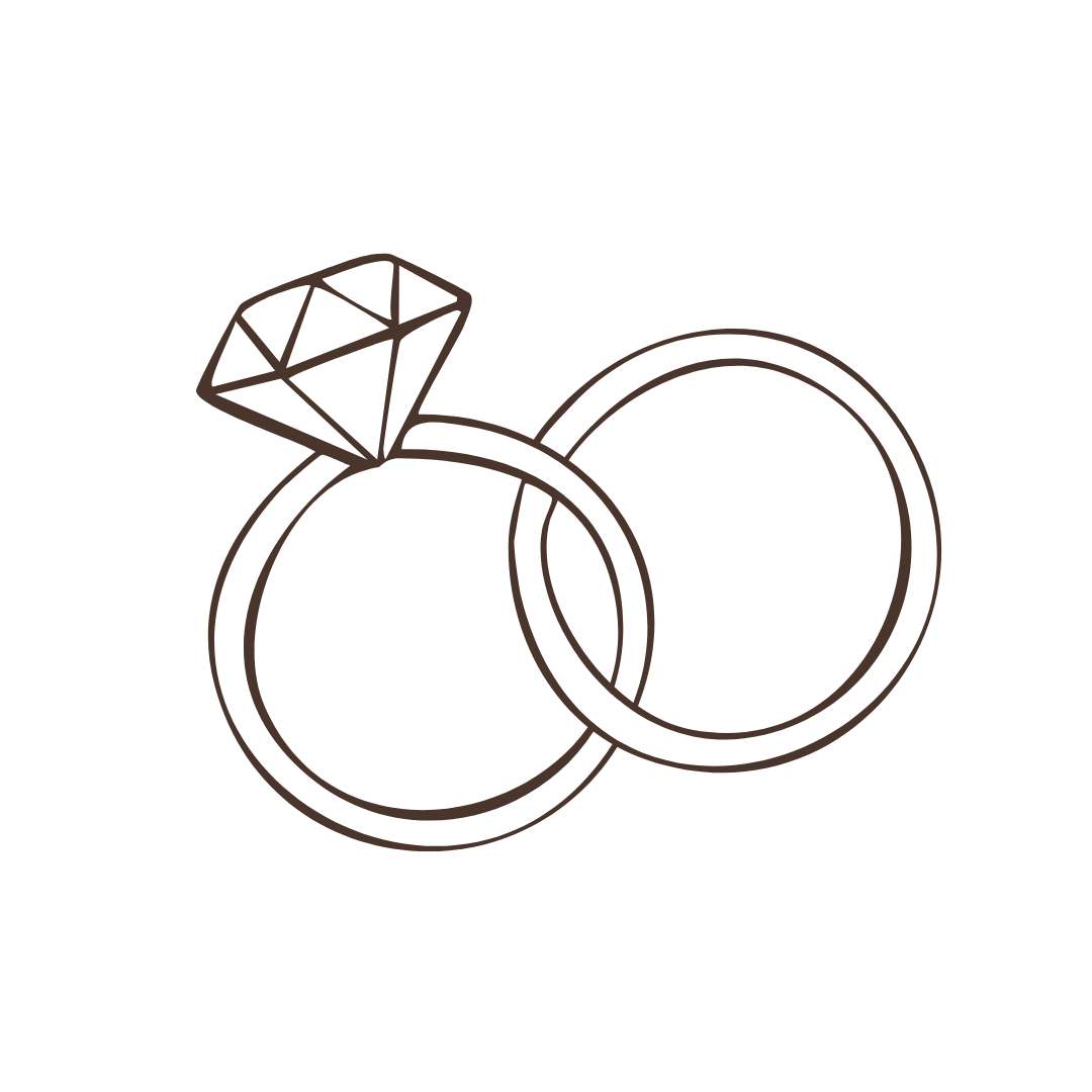 Outline drawing of two intertwined rings, one with a large diamond on top.