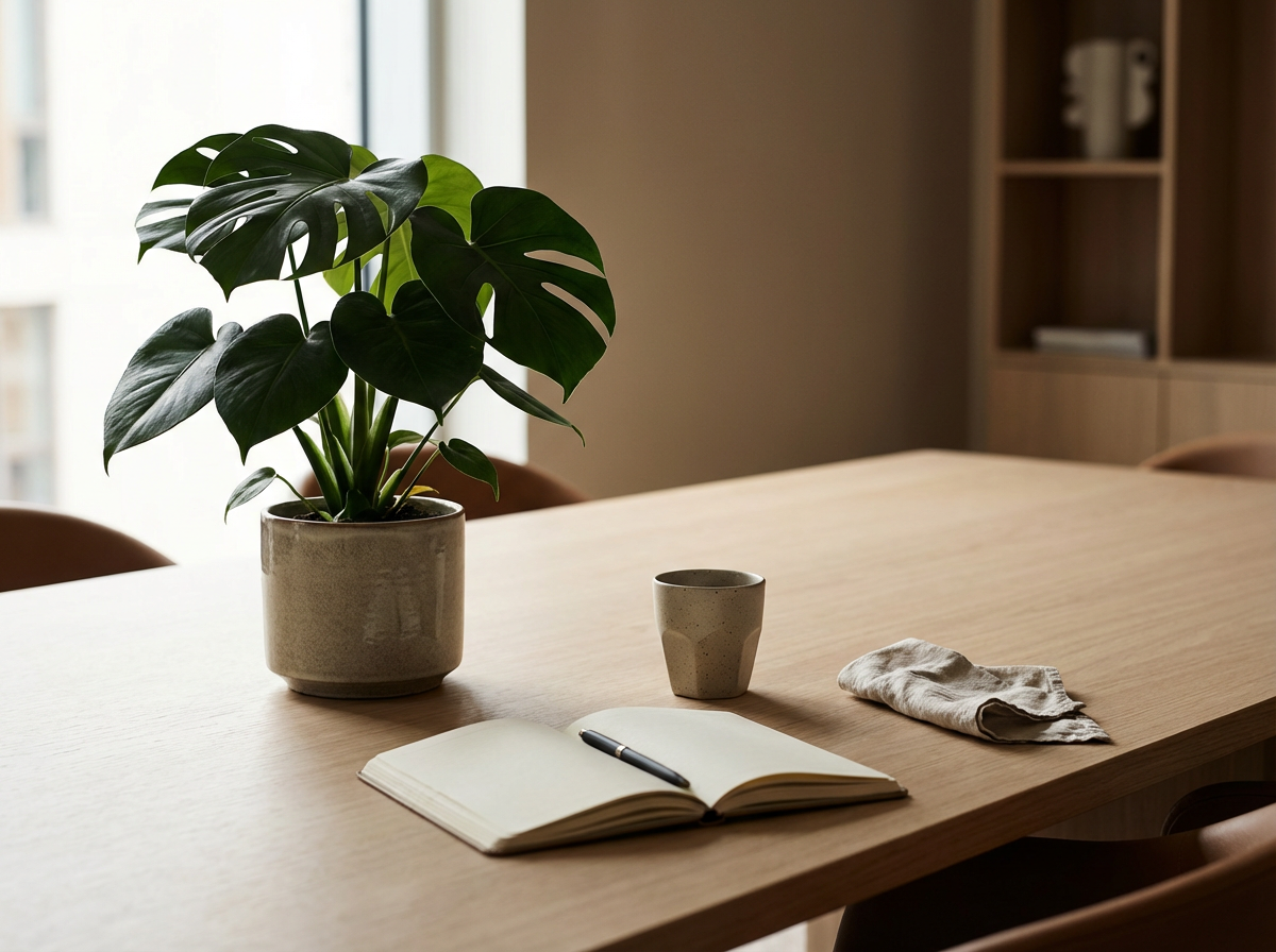 A minimalist wooden table with an open notebook, a pen, a ceramic cup, a cloth, and a potted Monstera plant near a window in a cozy room.
