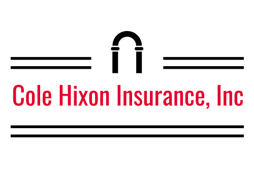 Logo for Cole Hixon Insurance, Inc., featuring black lines, a black horseshoe graphic, and red text.