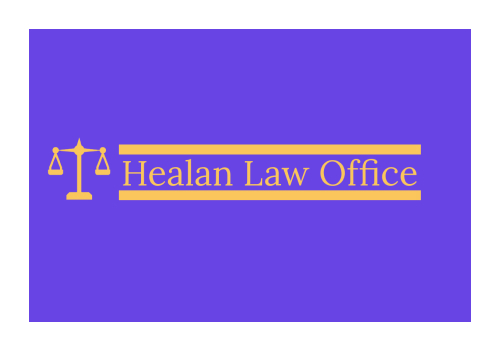 Purple background with yellow text and logo reading 'Healan Law Office' and a scales of justice icon.