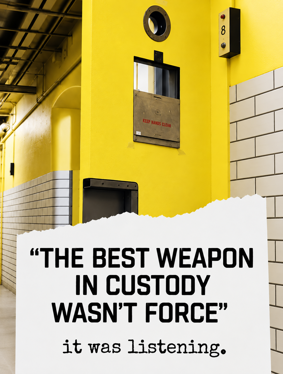 A yellow wall with a small window, a button panel, and a sign that reads 'Keep Hands Clear'. In the foreground is a sign with a quote: 'The best weapon in custody wasn't force' it was listening.