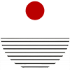 A graphic combining a red circle at the top with a horizontal line beneath it, and a larger black semicircle with vertical lines on a white background, resembling a stylized volcano or face.