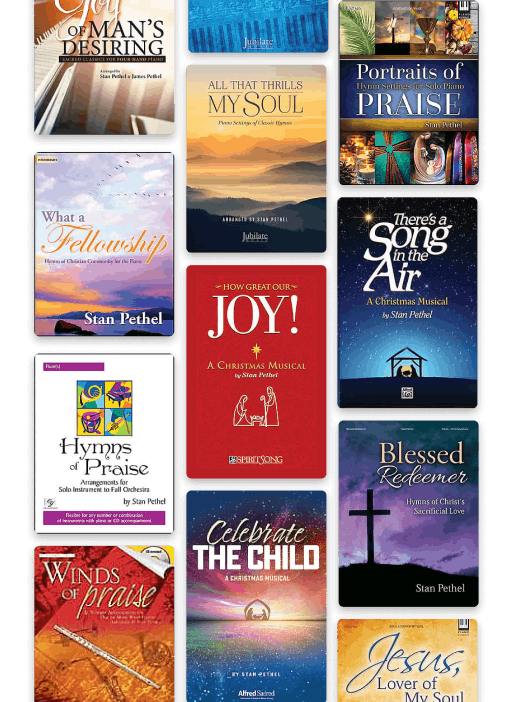 Collection of 12 sheet music books and musical scores, mostly Christmas and religious-themed, with titles like "Joy!", "There's a Song in the Air", "Winds of Praise", "Celebrate the Child", "Jesus, Lover of My Soul", and others.