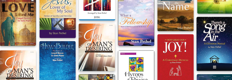 A collage of various Christian and musical books, including titles related to love, worship, hymns, joy, and Christmas musicals, with some featuring images of landscapes, crosses, and musical notes.
