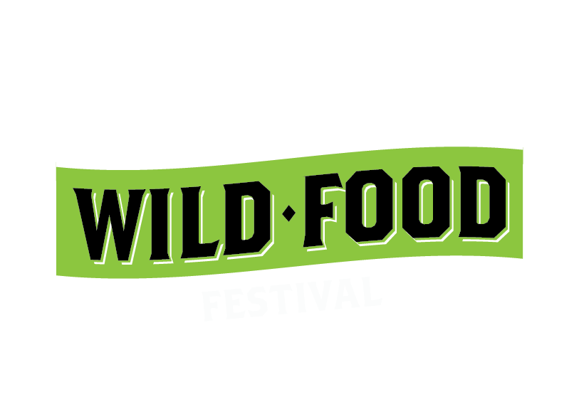 Logo for the Local Wild Food Festival featuring a fork and knife cross with antlers, a banner with the festival name in bold letters, and decorative elements.