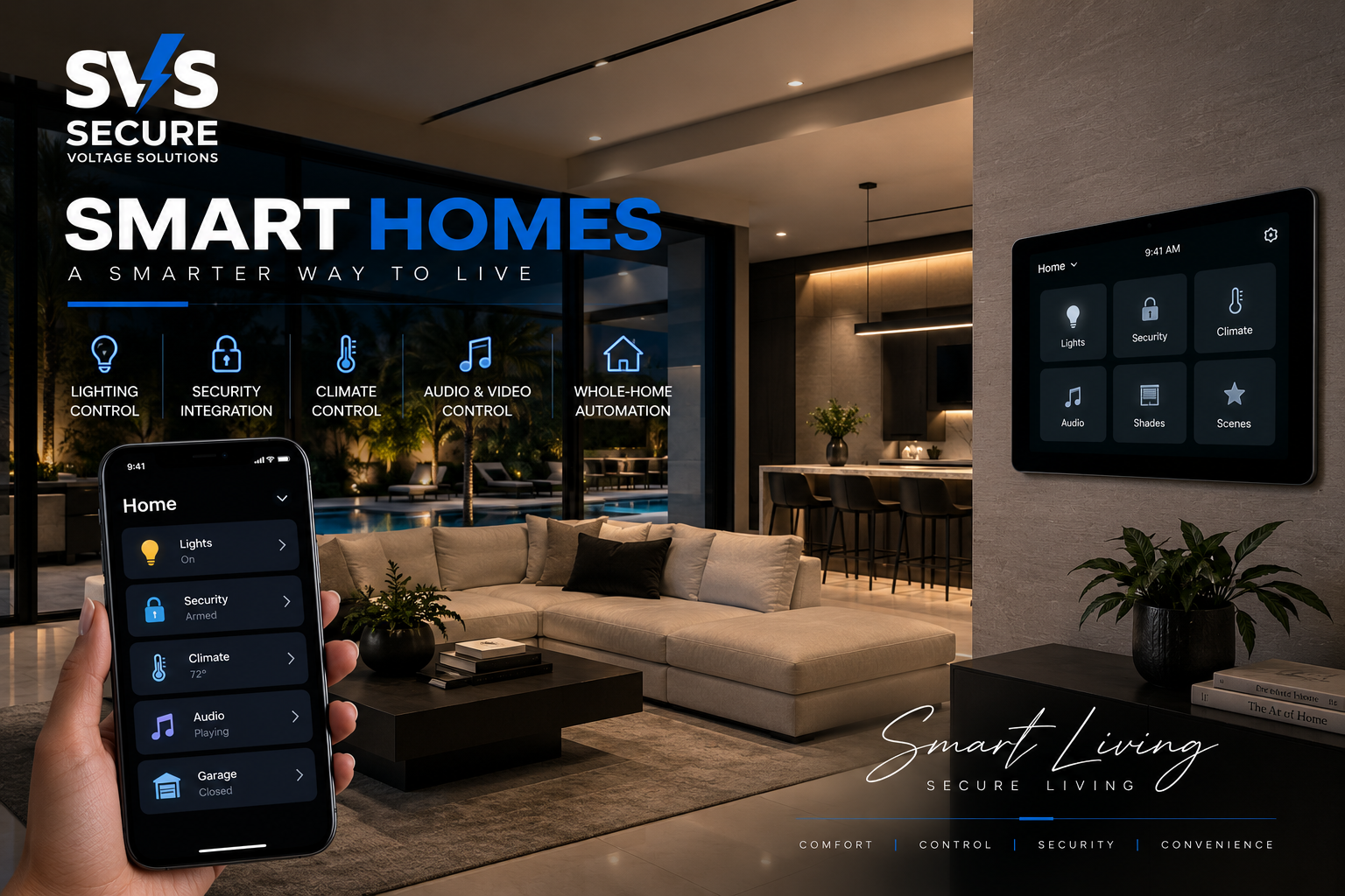 Modern living room with smart home automation display, showing a mobile phone controlling lights, security, climate, audio, and garage, with text promoting smart home solutions by SVS Secure.