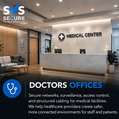 Modern medical center reception area with a white marble front desk, doctor offices signage, and seating area, with the logo 'SVS Secure' in the top left corner.