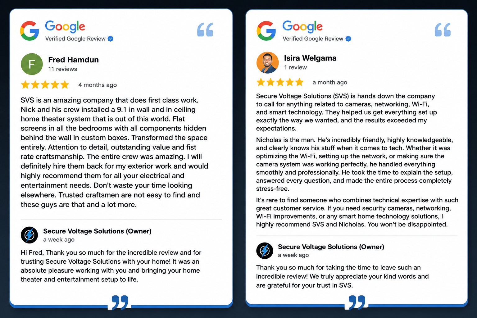 Screenshot of two online reviews for Secure Voltage Solutions, featuring verified Google Review badges, reviewer's names, ratings, dates, and detailed feedback about their experience with electrical and smart home technology services.