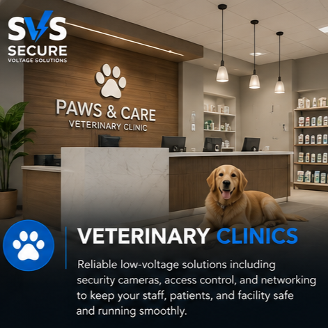 Reception area of Paws & Care Veterinary Clinic with a golden retriever lying on the floor, a wooden wall with the clinic's logo, and shelves stocked with pet supplies.