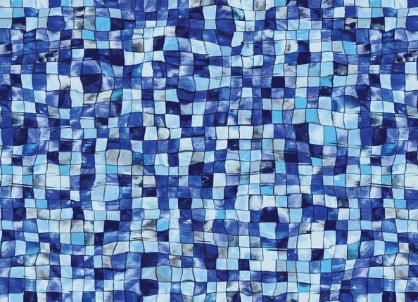 Mosaic de petits carreaux en différentes nuances de bleu.