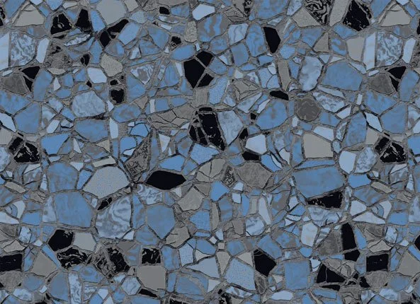 Mosaïque de morceaux de pierre ou de verre de différentes formes et couleurs, principalement bleu, noir et gris.