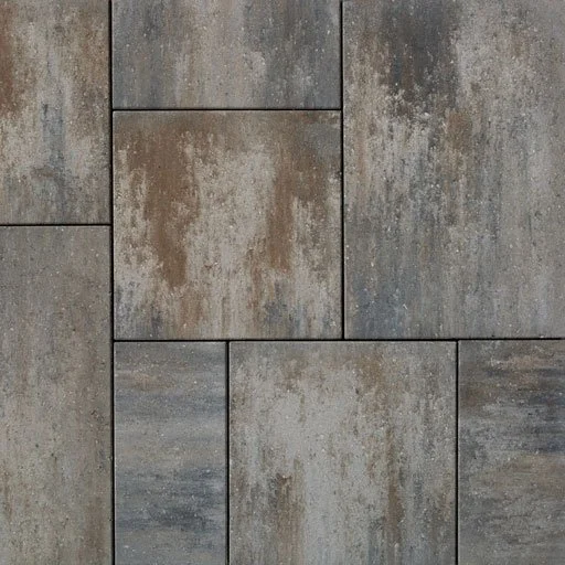 Petites pierres en béton rectangulaires et carrées formant un motif de pavage.