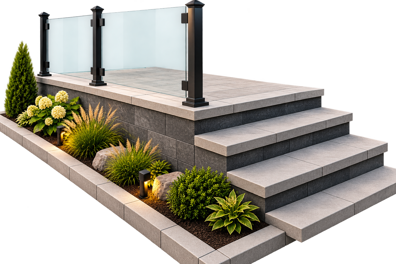 Escalier en pierre menant à une terrasse avec garde-corps en verre et plantes ornementales éclairées