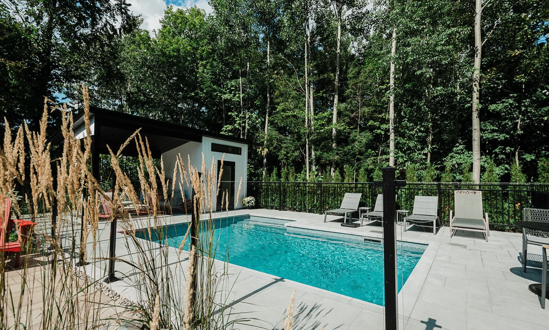 Piscine extérieure entourée d'un patio avec chaises longues, une cabane noire en arrière-plan, et des arbres verts en arrière-plan.