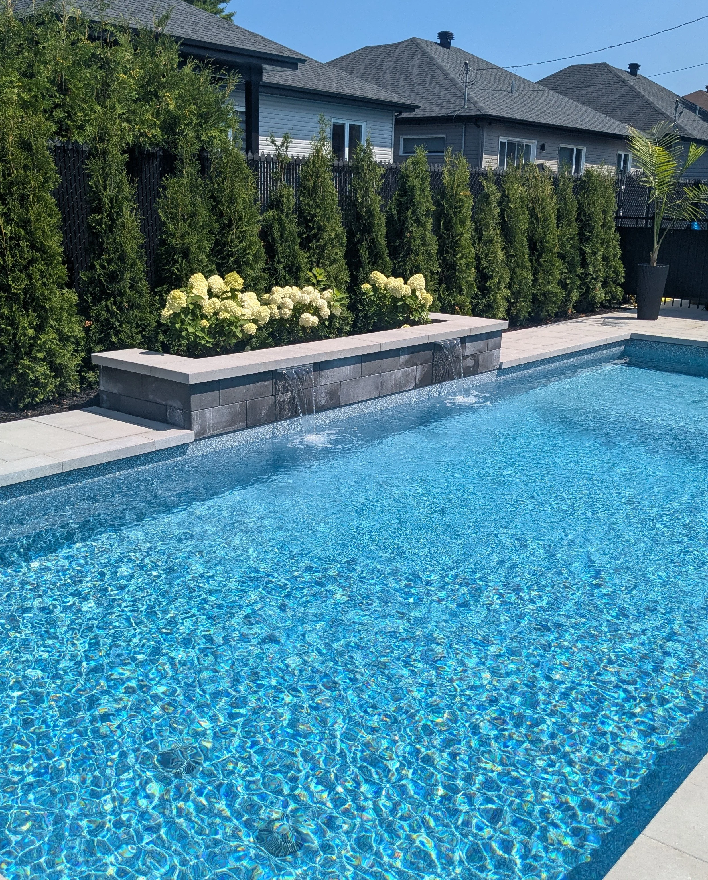 Une piscine d'eau bleue avec un rebord en pierre, entourée de haies de conifères et de plantes, avec des maisons en arrière-plan sous un ciel clair.