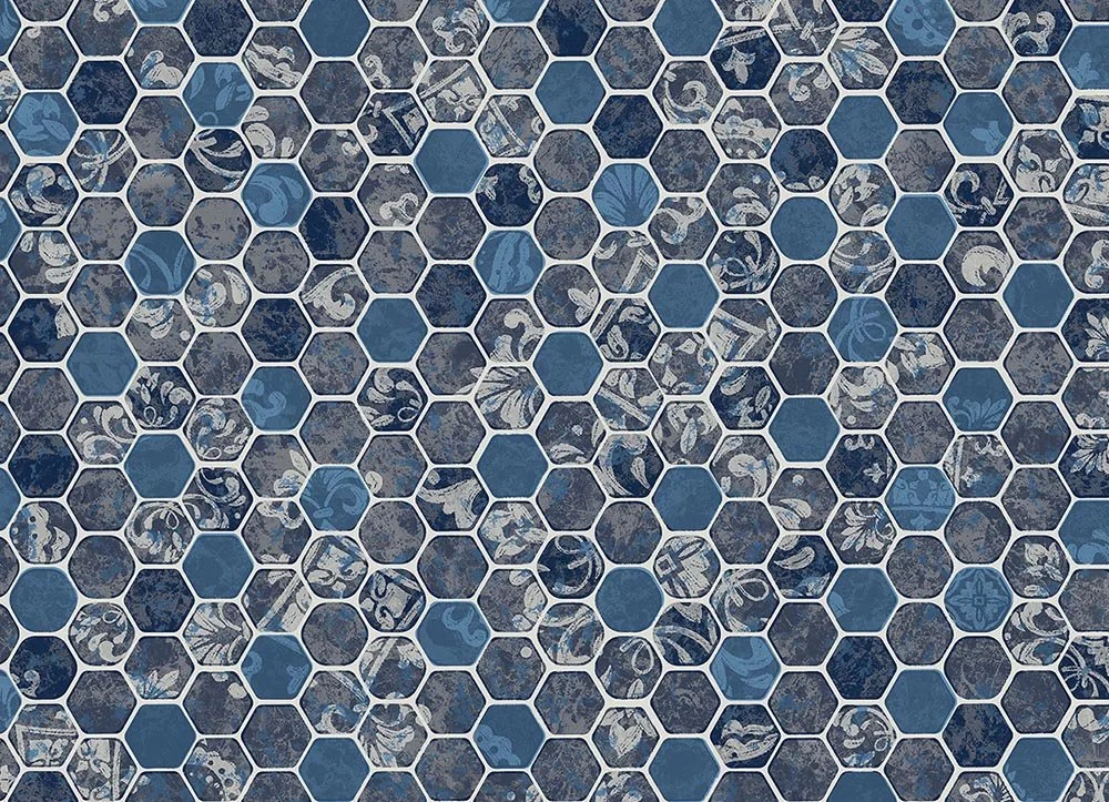 Pattern de mosaïque hexagonale avec des détails floraux en nuances de bleu et gris.