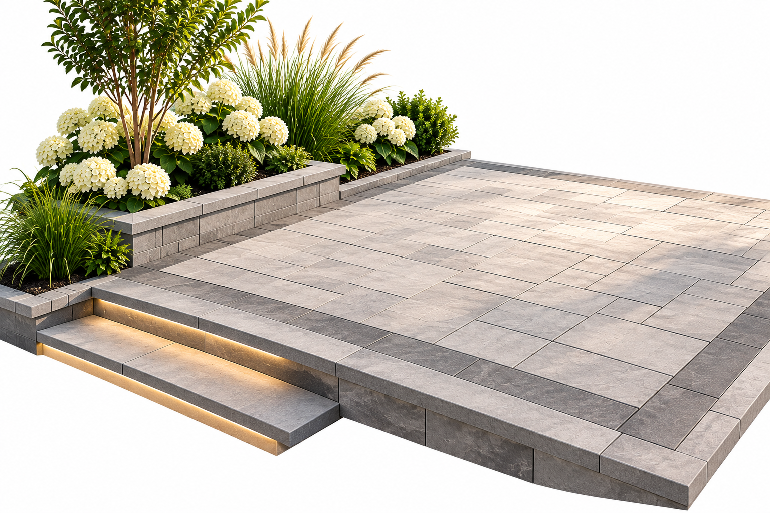 Terrasse pavée avec des marches intégrées, bordée de plantes vertes et de fleurs blanches, éclairage intégré.