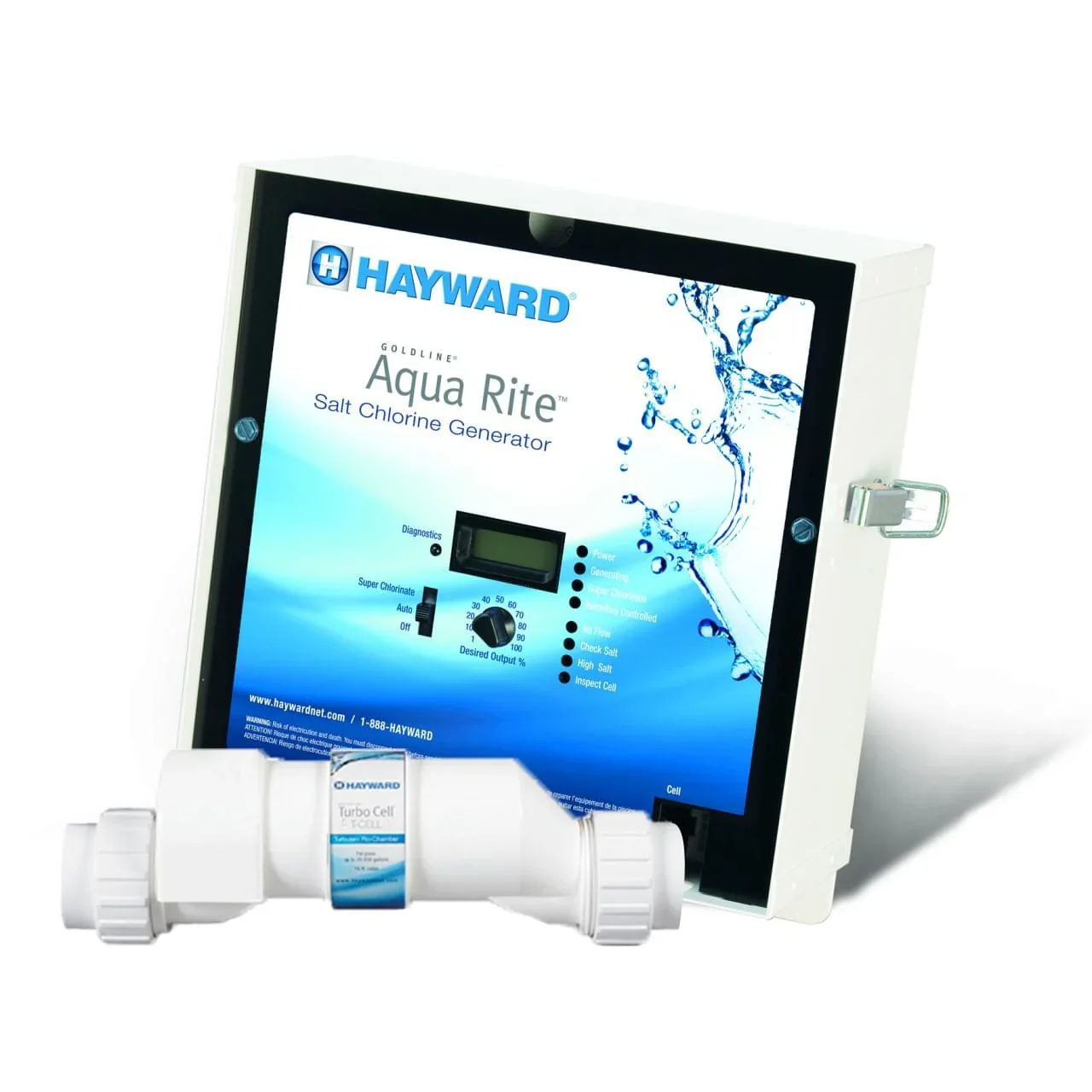 Un générateur de chlore salin pour piscine de la marque Hayward, modèle Aqua Rite, avec un écran et des réglages, connecté à un cellulaire Turbo Cell.