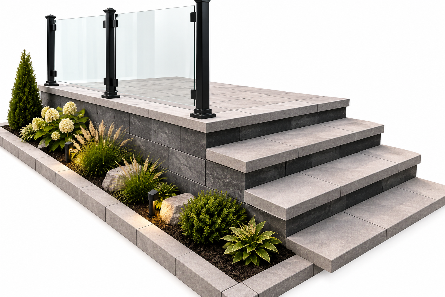 Escalier moderne avec plantes ornementales et éclairage solaire dans un jardin
