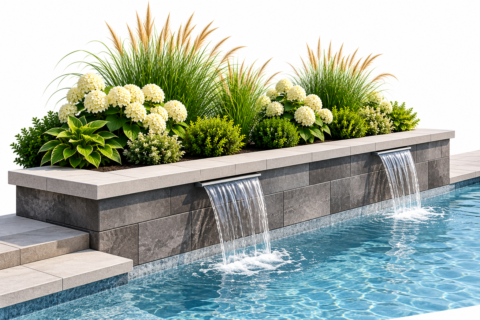 Jardin avec plantes et fleurs, deux cascades d'eau dans une piscine.