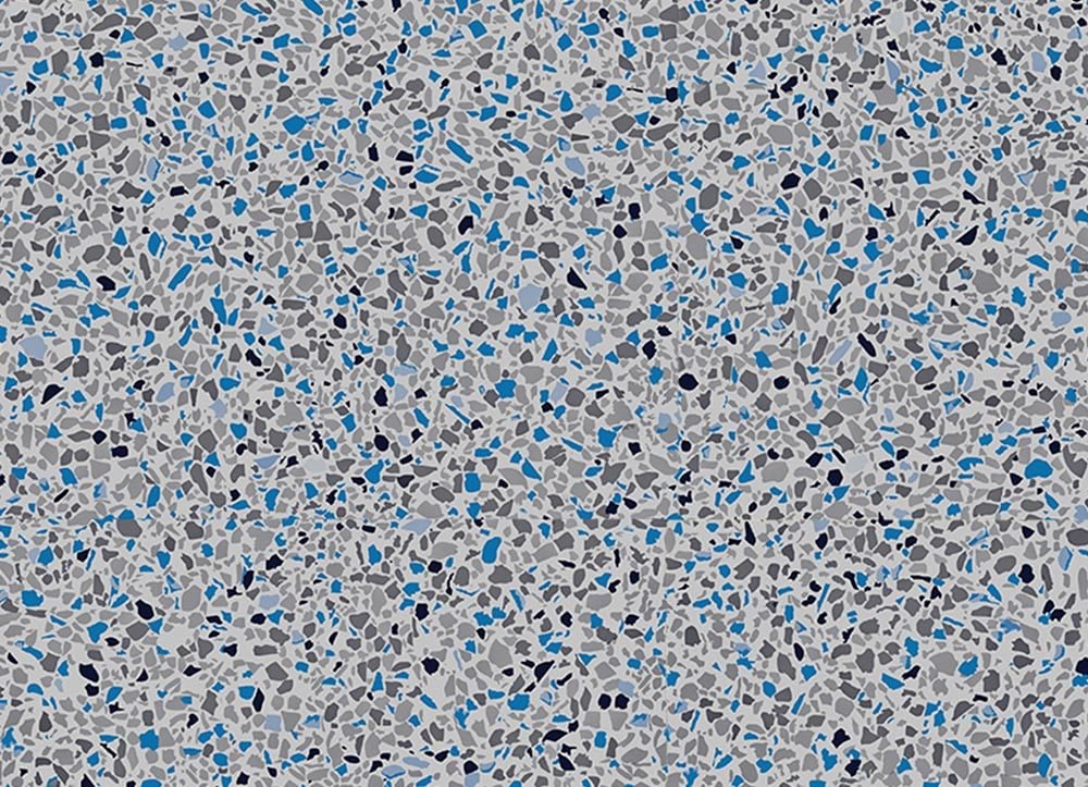Sol en mosaïque gris avec accents de bleu et noir.
